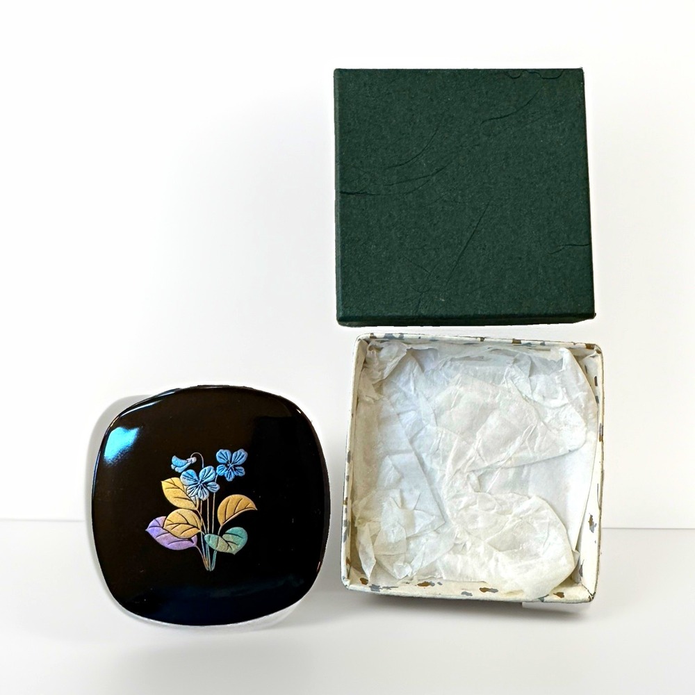 Vintage Japanese Black Floral Compact with Mirror & Comb Insert, Boxed